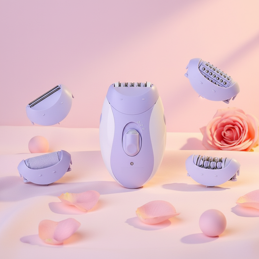 Epilador eléctrico 4 en 1 Kemei color lila con accesorios beauty