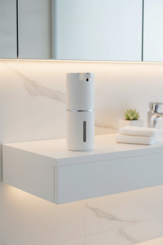 Dispensador automático de jabón espuma blanco en repisa