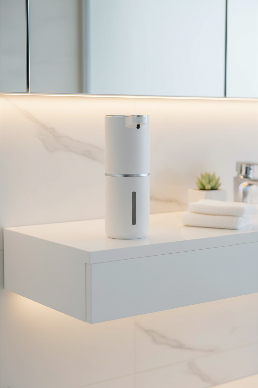 Dispensador automático de jabón espuma blanco en repisa