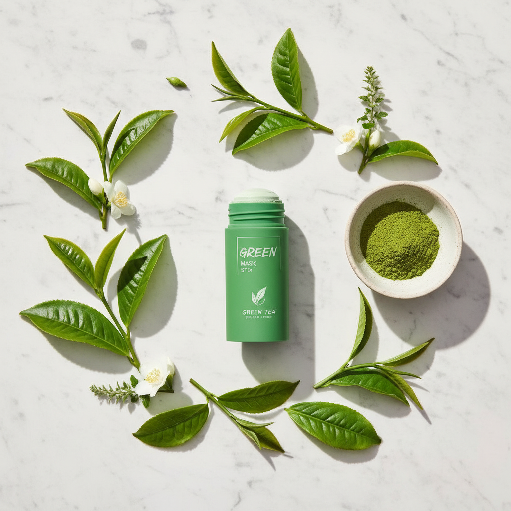 Mascarilla sólida de té verde - flat lay vista superior