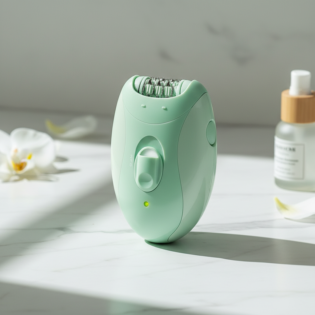 Epilador eléctrico 4 en 1 Kemei color verde menta sobre mármol blanco