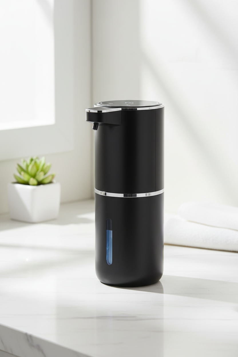 Dispensador automático de jabón espuma negro sobre mármol